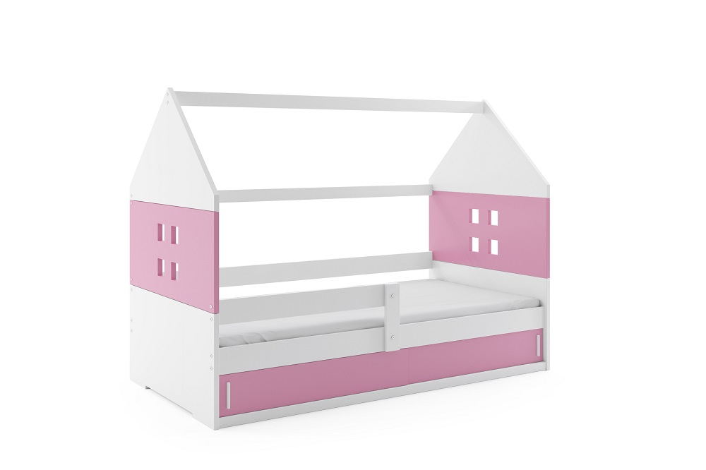 Łóżko Domek Dziecięce DOMI 160x80 Białe ze schowkiem i barierką